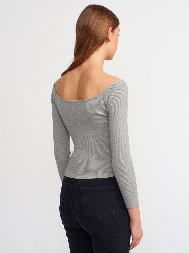 10503 Bardot Collar Ribbed Crop Sweater-Grey