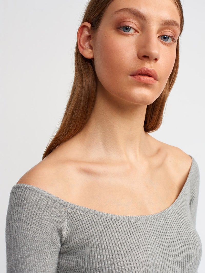 10503 Bardot Collar Ribbed Crop Sweater-Grey