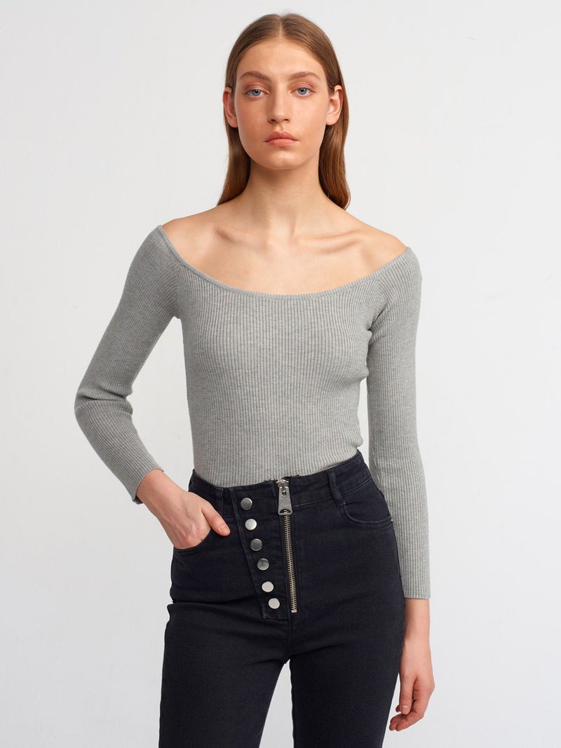 10503 Bardot Collar Ribbed Crop Sweater-Grey