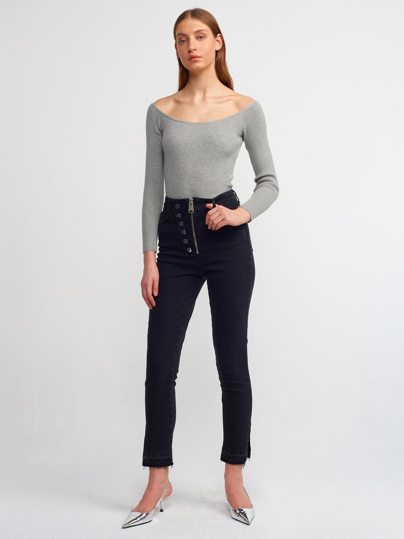 10503 Bardot Collar Ribbed Crop Sweater-Grey