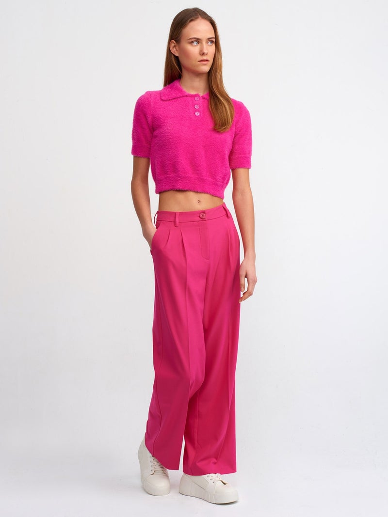 10475 Polo Neck Buttoned Soft Textured Crop Sweater-Fuchsia