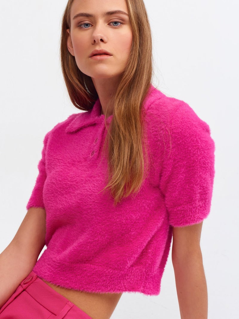 10475 Polo Neck Buttoned Soft Textured Crop Sweater-Fuchsia