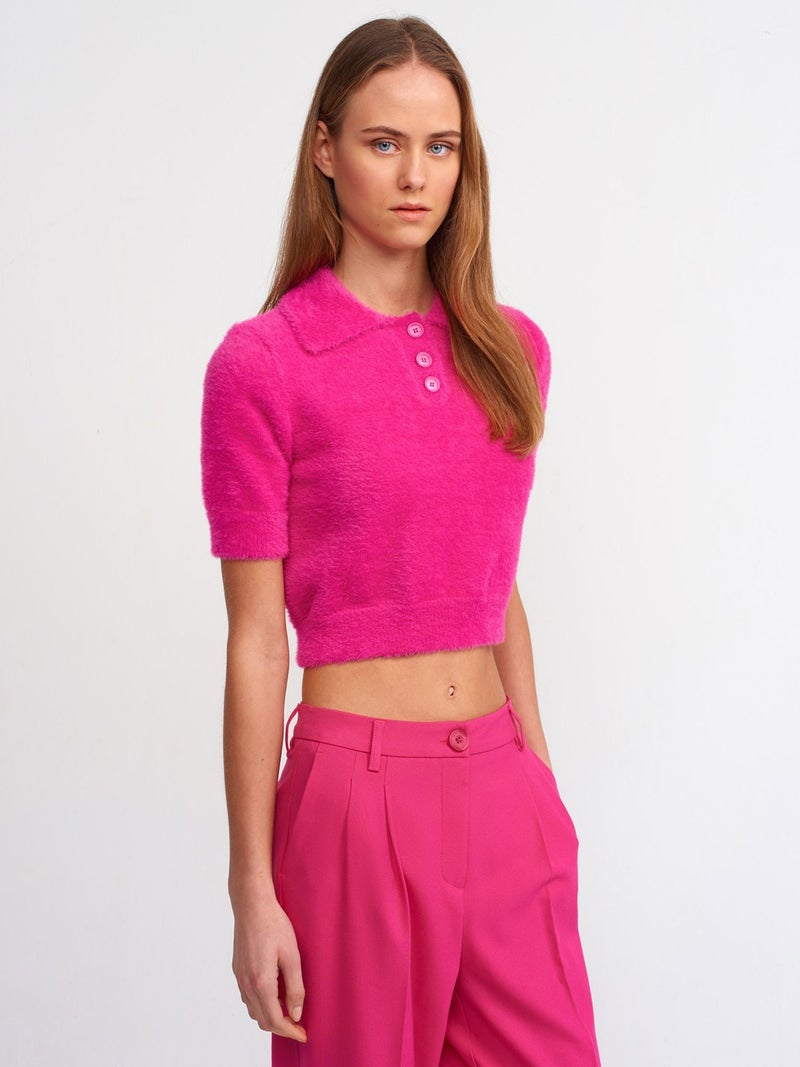 10475 Polo Neck Buttoned Soft Textured Crop Sweater-Fuchsia