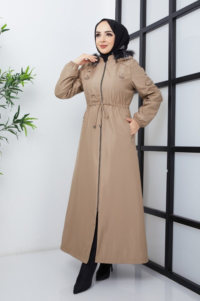 KMK Combined Patterned Waist Belted Under Lining Fiber Hat Furry Long Coat & Jacket