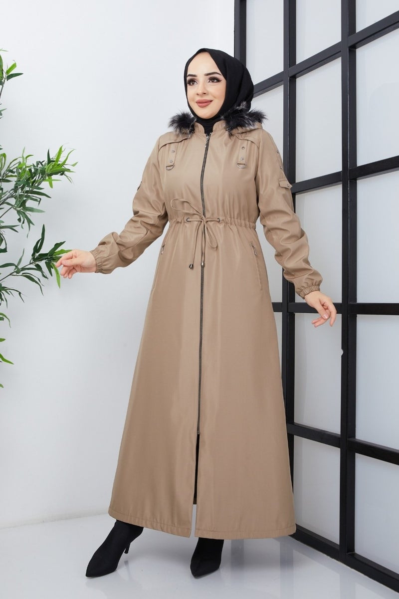 KMK Combined Patterned Waist Belted Under Lining Fiber Hat Furry Long Coat & Jacket