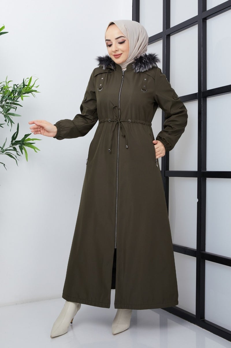 KMK Combined Patterned Waist Belted Under Lining Fiber Hat Furry Long Coat & Jacket