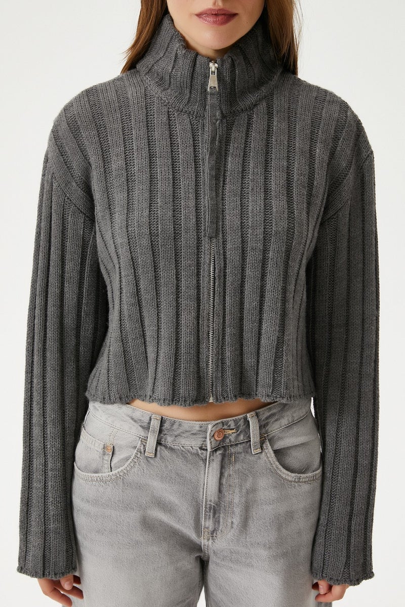 Women's Clean Zippered Anthracite Knitwear Cardigan