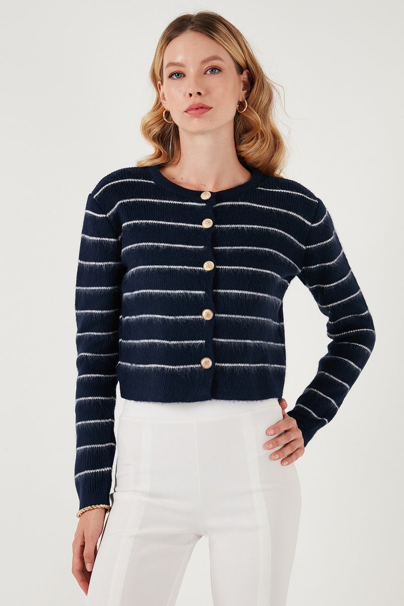 Standard Fit Striped Soft Texture Crop Knitwear Cardigan Women's Cardigan 4615551