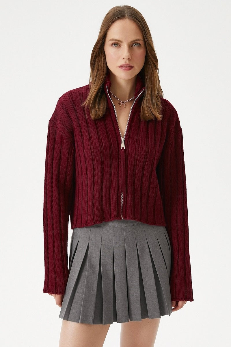 Women's Clean Zippered Burgundy Knitwear Cardigan