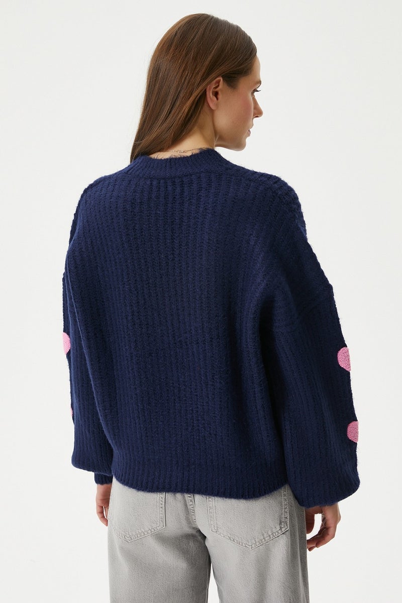 Women's Cozy Navy Blue Pink Heart Embroidered Knitwear Cardigan