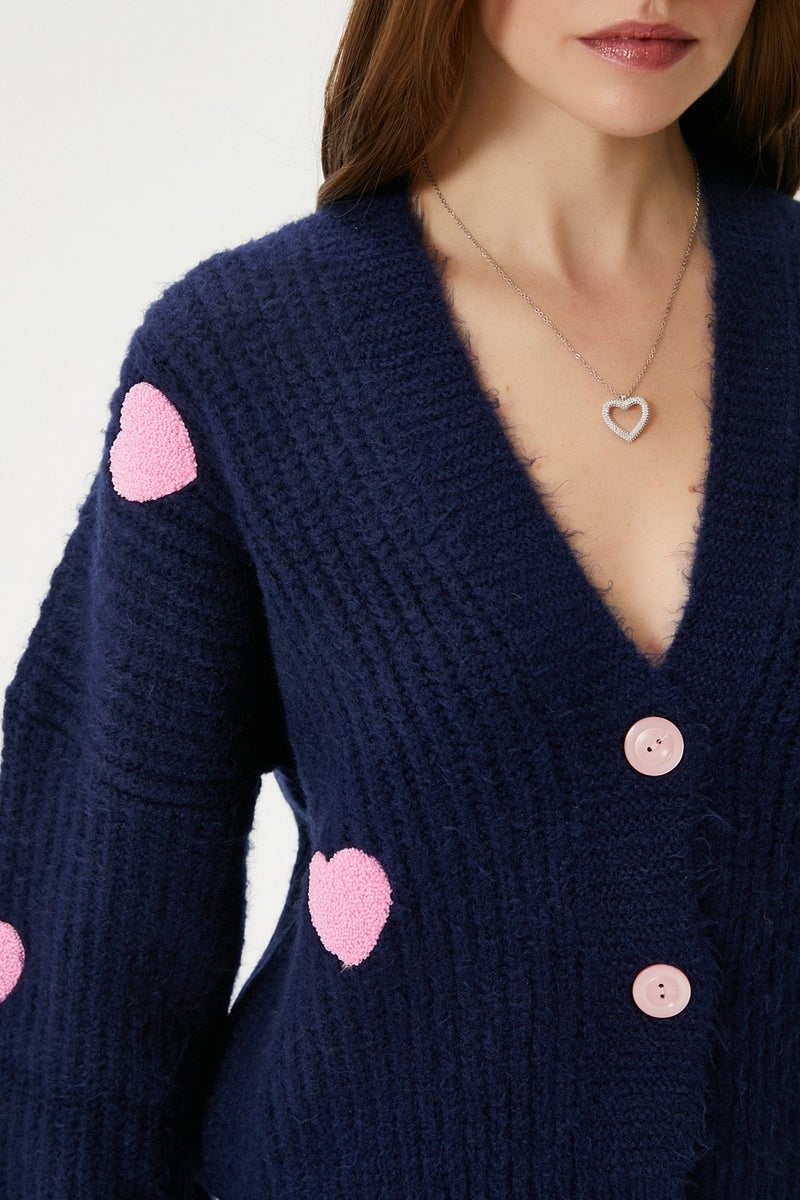 Women's Cozy Navy Blue Pink Heart Embroidered Knitwear Cardigan