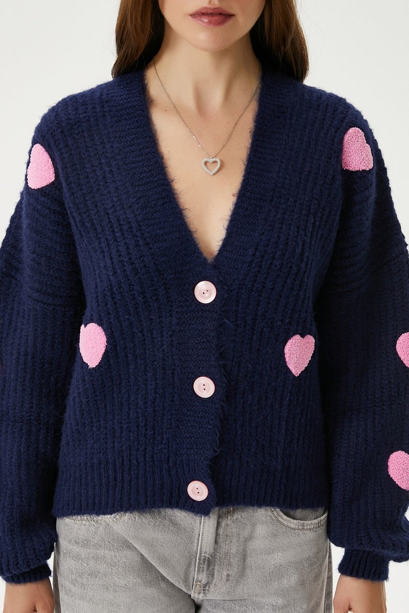 Women's Cozy Navy Blue Pink Heart Embroidered Knitwear Cardigan