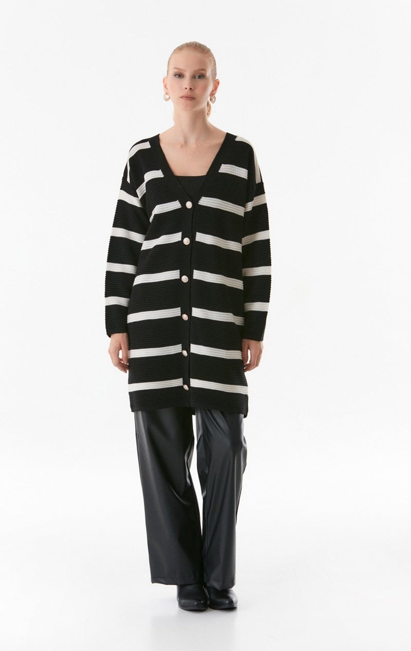 Striped Buttoned Knitted Cardigan