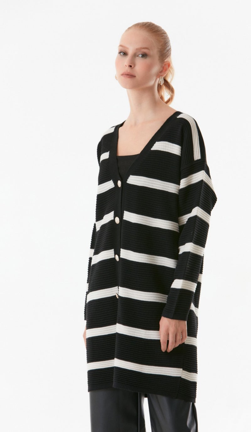 Striped Buttoned Knitted Cardigan