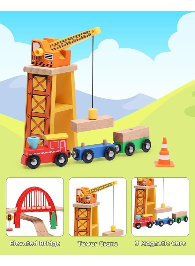 SainSmart Jr. 41 Pcs Deluxe Wooden Train Set for Toddler, Wood Train Track w/Crane Fits Brio Thomas, Melissa and Doug for Kids Ages 3+