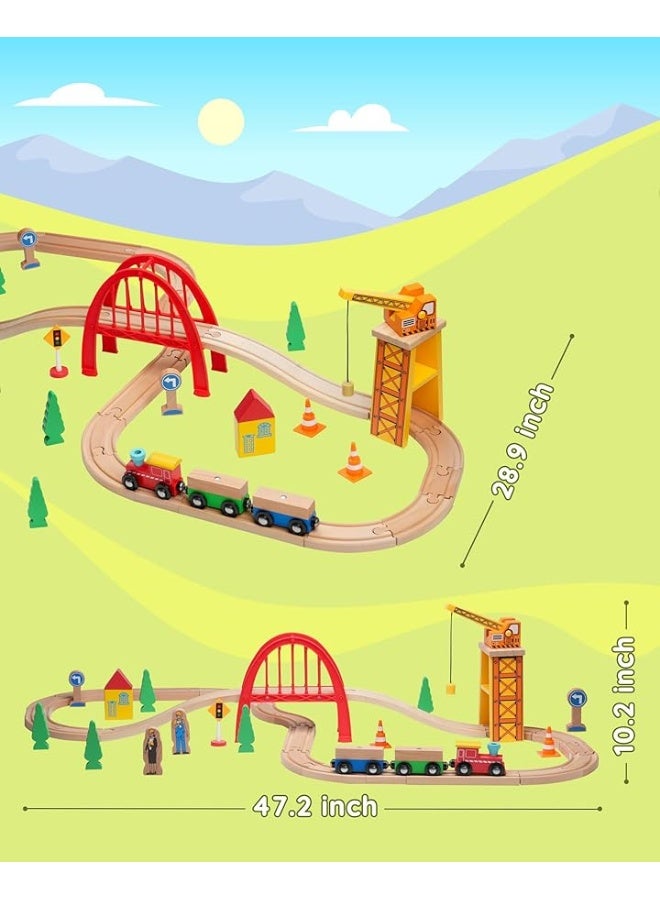 SainSmart Jr. 41 Pcs Deluxe Wooden Train Set for Toddler, Wood Train Track w/Crane Fits Brio Thomas, Melissa and Doug for Kids Ages 3+
