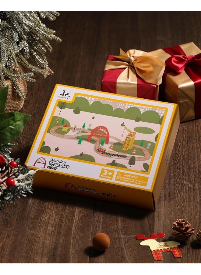 SainSmart Jr. 41 Pcs Deluxe Wooden Train Set for Toddler, Wood Train Track w/Crane Fits Brio Thomas, Melissa and Doug for Kids Ages 3+