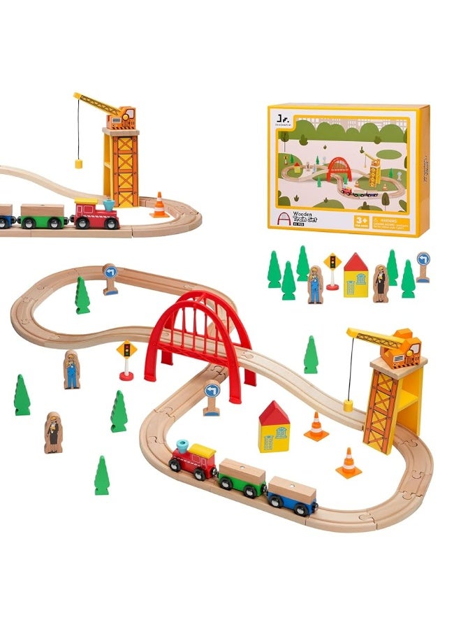SainSmart Jr. 41 Pcs Deluxe Wooden Train Set for Toddler, Wood Train Track w/Crane Fits Brio Thomas, Melissa and Doug for Kids Ages 3+