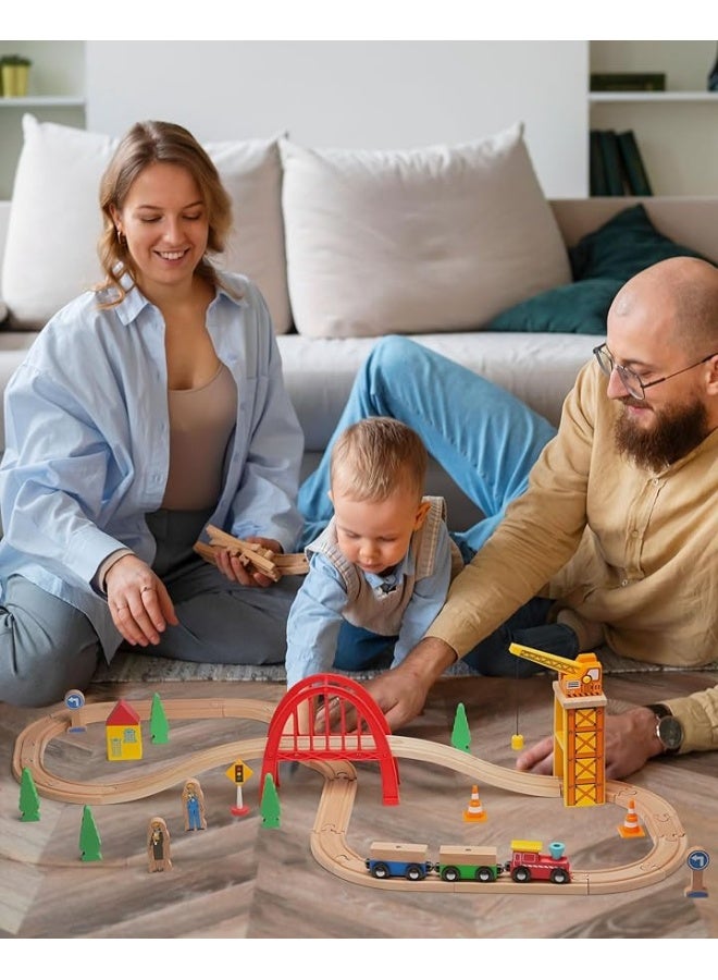 SainSmart Jr. 41 Pcs Deluxe Wooden Train Set for Toddler, Wood Train Track w/Crane Fits Brio Thomas, Melissa and Doug for Kids Ages 3+