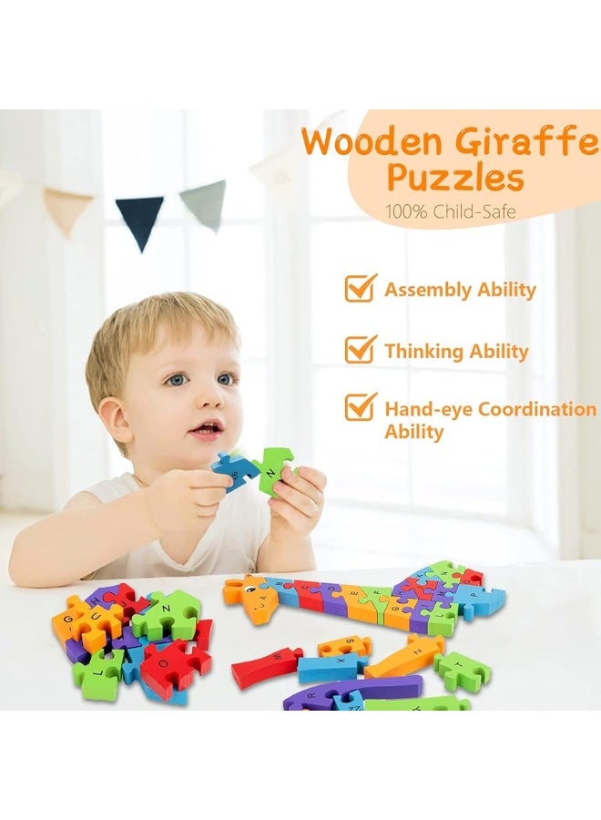 LovesTown Giraffe Wooden Puzzle, 26PCS Jigsaw Puzzle Alphabet and Number Blocks Wooden Building Blocks for Kid Preschool