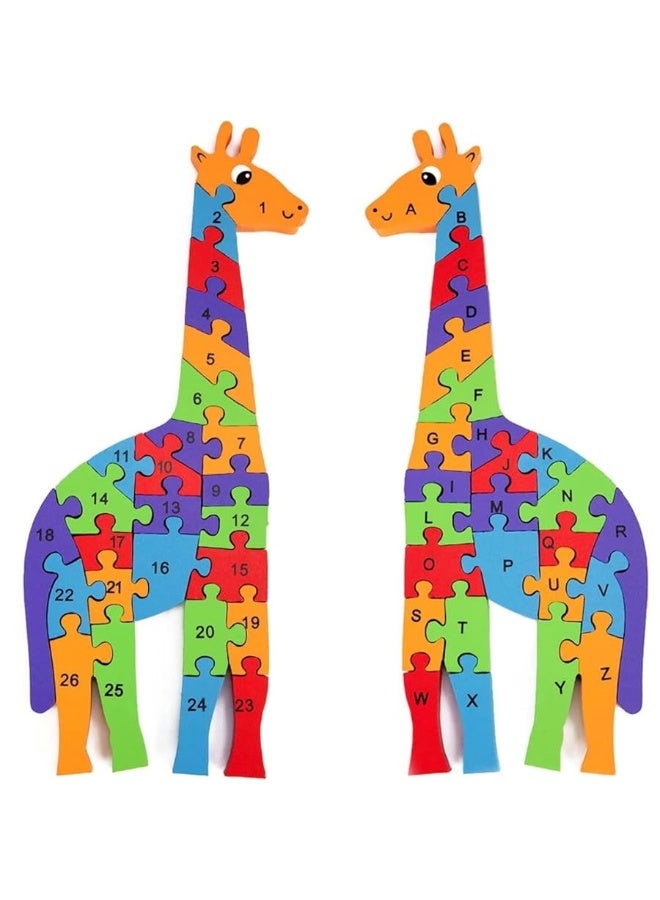 LovesTown Giraffe Wooden Puzzle, 26PCS Jigsaw Puzzle Alphabet and Number Blocks Wooden Building Blocks for Kid Preschool