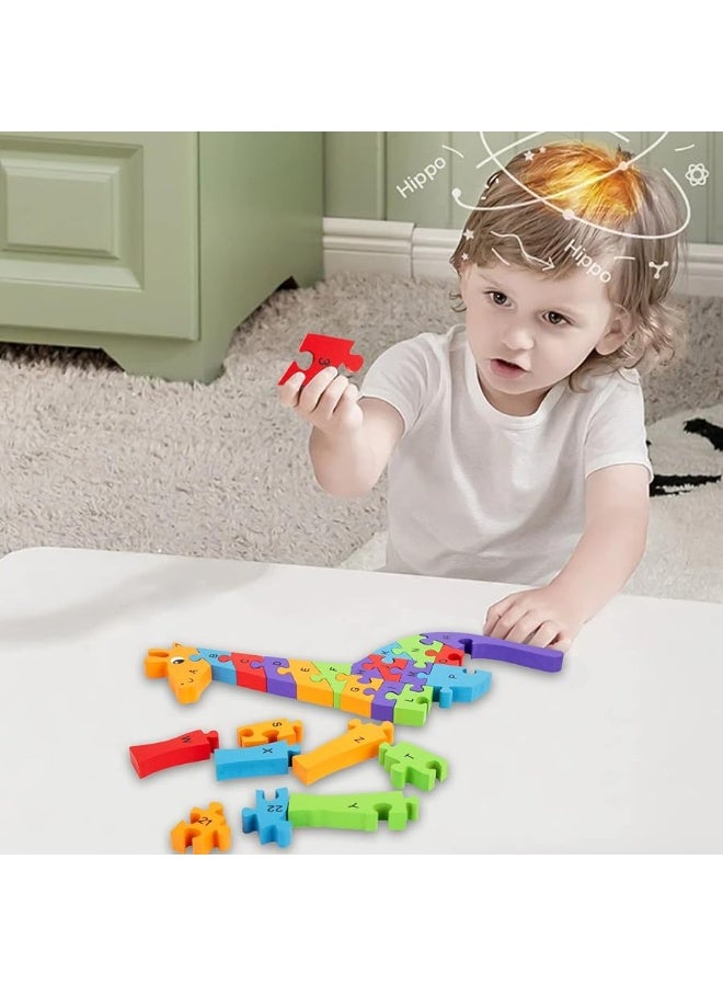 LovesTown Giraffe Wooden Puzzle, 26PCS Jigsaw Puzzle Alphabet and Number Blocks Wooden Building Blocks for Kid Preschool