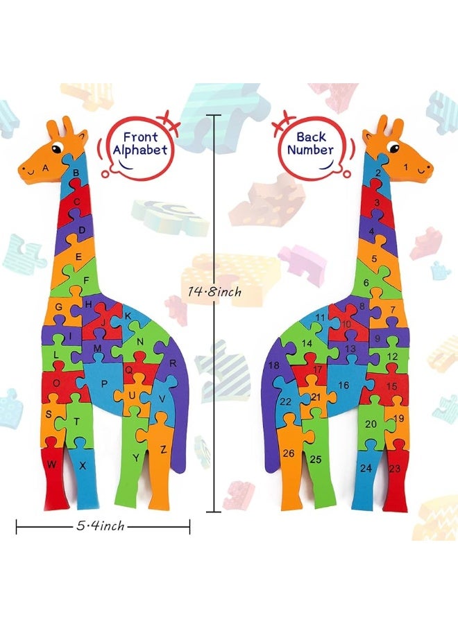 LovesTown Giraffe Wooden Puzzle, 26PCS Jigsaw Puzzle Alphabet and Number Blocks Wooden Building Blocks for Kid Preschool