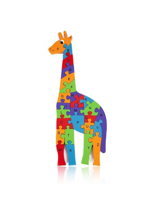 LovesTown Giraffe Wooden Puzzle, 26PCS Jigsaw Puzzle Alphabet and Number Blocks Wooden Building Blocks for Kid Preschool