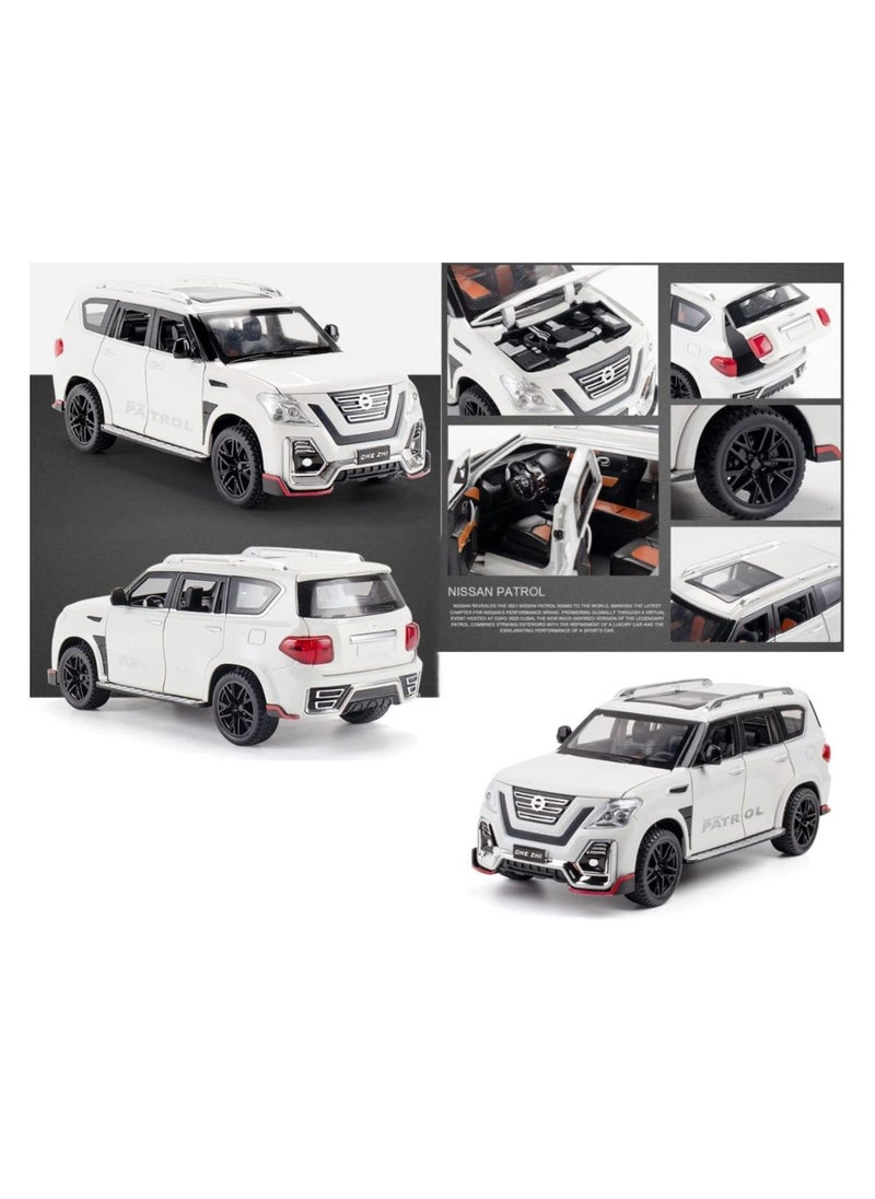 1:24 Diecast Model Alloy Nissan Patrol Metal Pull Back Car with Sound Light, 6 Openable Doors Toy Vehicles for Kids Gift (WHITE)