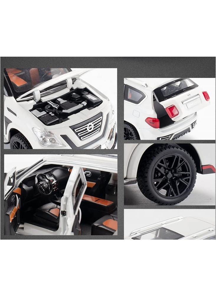 1:24 Diecast Model Alloy Nissan Patrol Metal Pull Back Car with Sound Light, 6 Openable Doors Toy Vehicles for Kids Gift (WHITE)