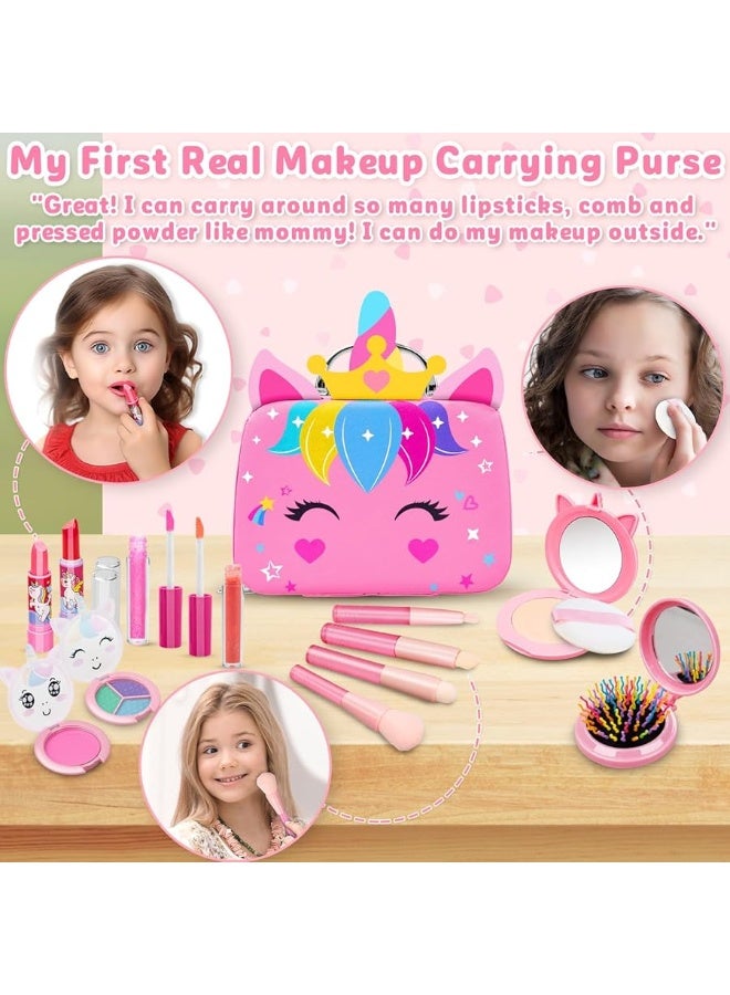 Hollyhi 25 Pcs Kids Makeup Kit for Girl, Real Washable Make Up Set with Unicorn Bag, Pretend Beauty Dress Up Princess Toys for Ages 3 4 5 6 7 8 9 10 11 12 13 14 Year Old Kids Christmas Birthday Gifts