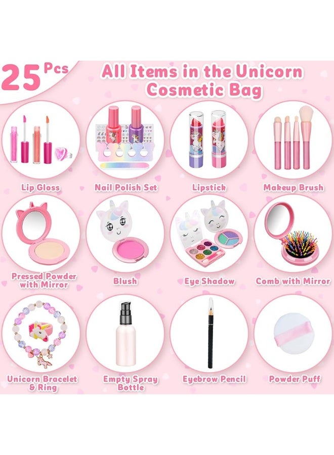 Hollyhi 25 Pcs Kids Makeup Kit for Girl, Real Washable Make Up Set with Unicorn Bag, Pretend Beauty Dress Up Princess Toys for Ages 3 4 5 6 7 8 9 10 11 12 13 14 Year Old Kids Christmas Birthday Gifts