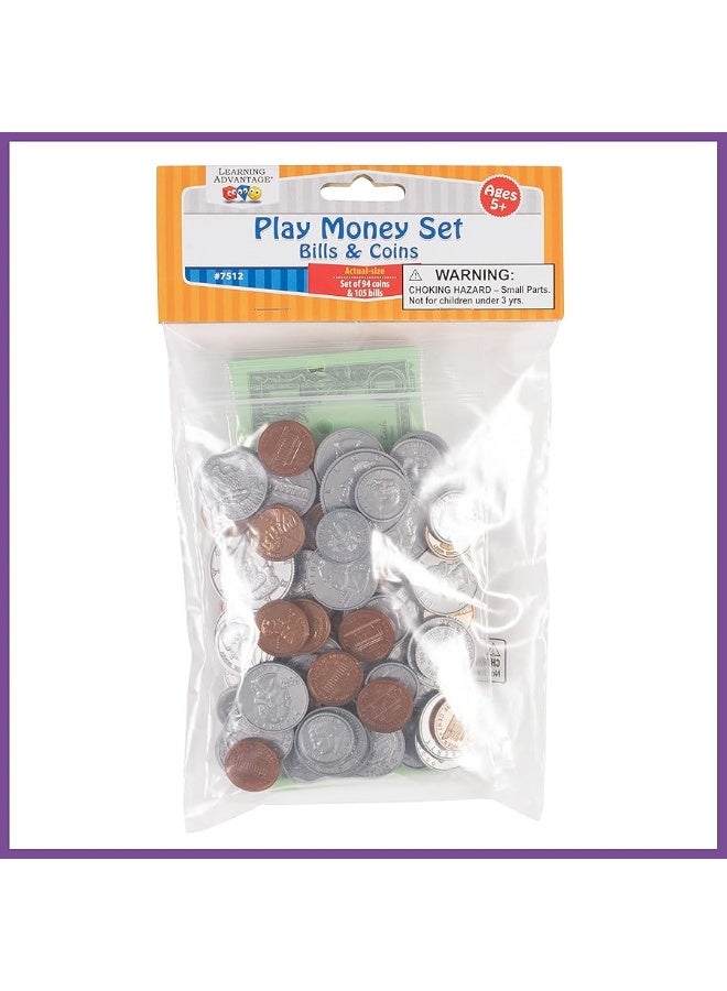 LEARNING ADVANTAGE Play Money Set  Bills  Coins  100 Bills  94 Coins  Pretend Money Designed Like Real Currency  Count Change with Toy Money