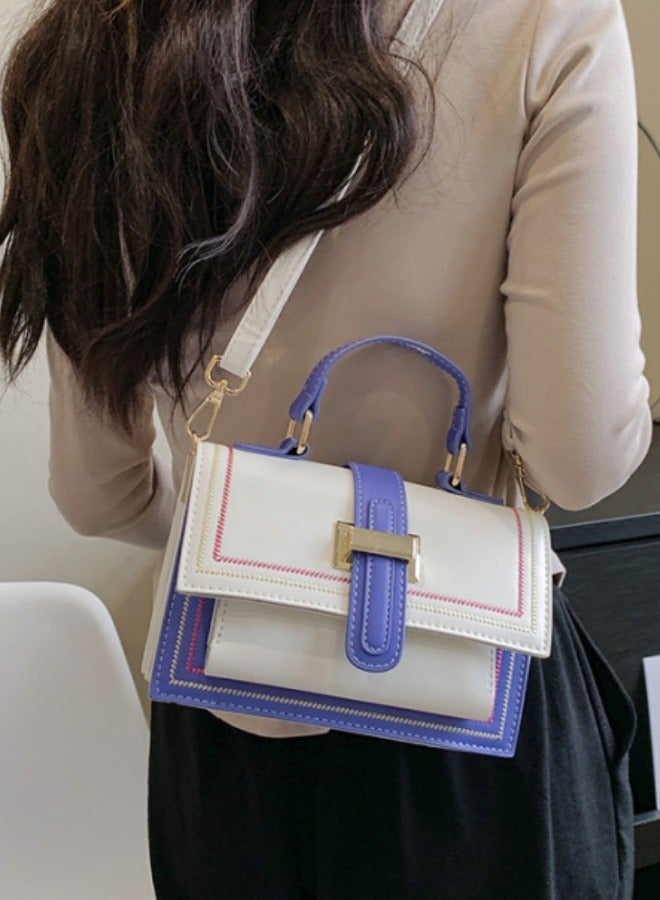 Women's fashionable white and blue color blocked shoulder bag, handbag, slanted hanging small square bag