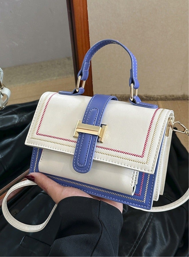 Women's fashionable white and blue color blocked shoulder bag, handbag, slanted hanging small square bag