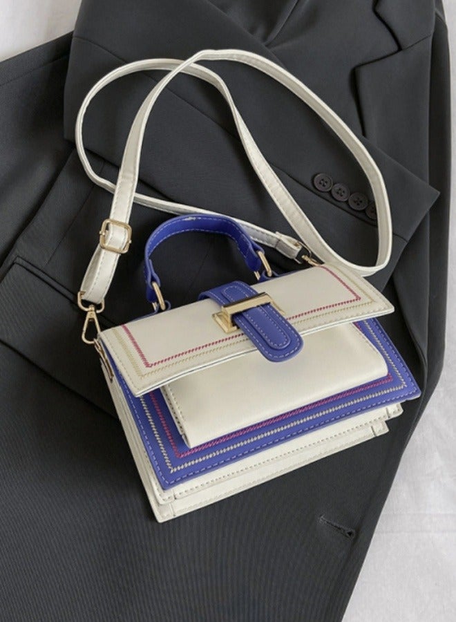 Women's fashionable white and blue color blocked shoulder bag, handbag, slanted hanging small square bag