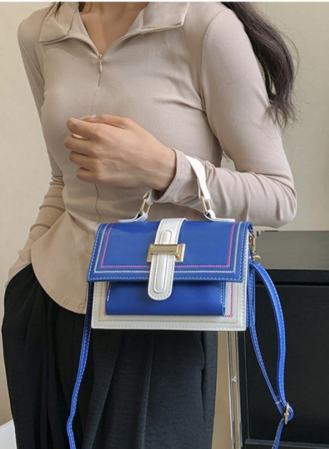 Women's fashionable blue and white color blocked shoulder bag, handbag, slanted hanging small square bag