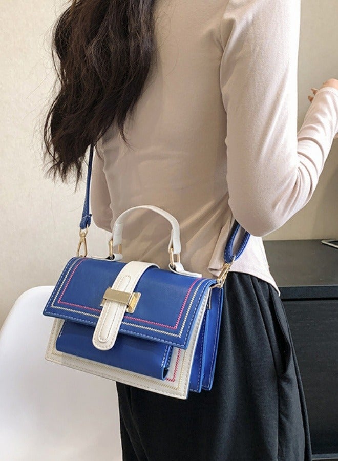 Women's fashionable blue and white color blocked shoulder bag, handbag, slanted hanging small square bag