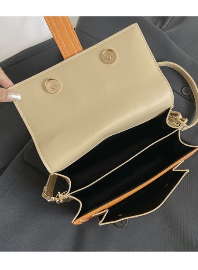 Women's fashionable khaki color blocked shoulder bag, handbag, slanted hanging small square bag