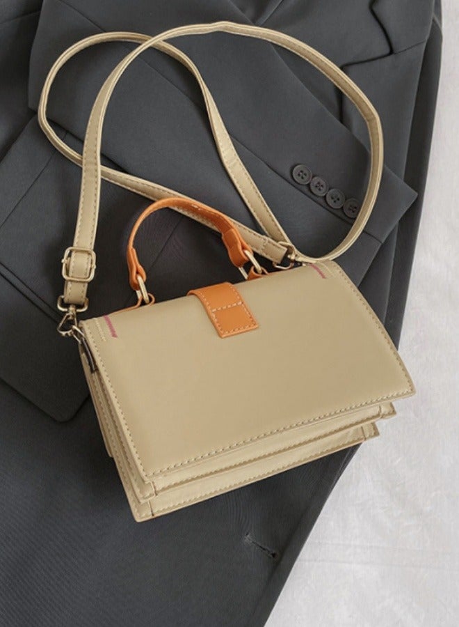 Women's fashionable khaki color blocked shoulder bag, handbag, slanted hanging small square bag