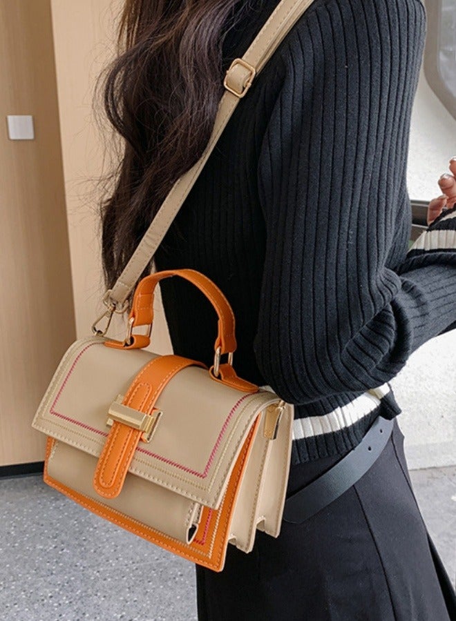 Women's fashionable khaki color blocked shoulder bag, handbag, slanted hanging small square bag