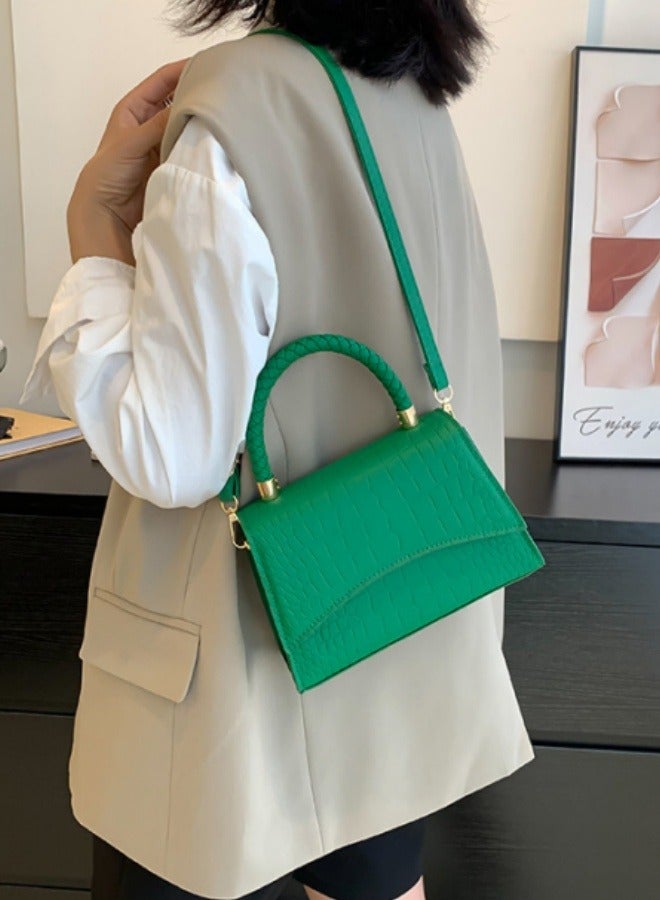 Ladies' Fashion Crocodile Leather Pattern Slant Hanging Small Square Bag Weaving with Handbag Adjustable Shoulder Bag Green