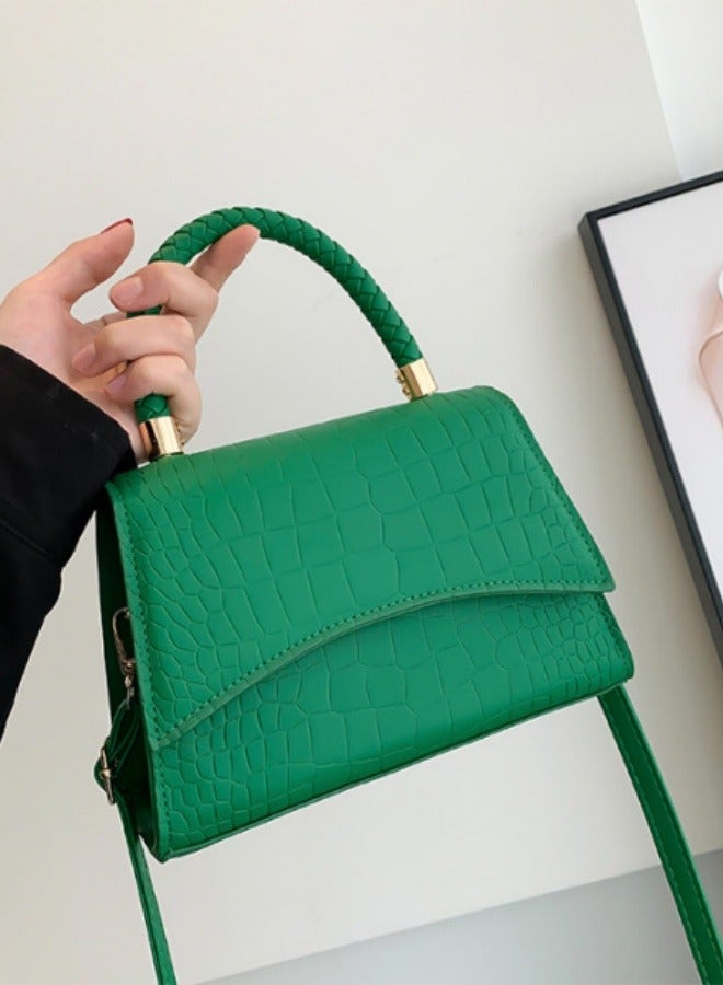 Ladies' Fashion Crocodile Leather Pattern Slant Hanging Small Square Bag Weaving with Handbag Adjustable Shoulder Bag Green