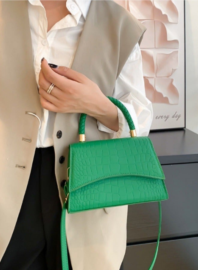 Ladies' Fashion Crocodile Leather Pattern Slant Hanging Small Square Bag Weaving with Handbag Adjustable Shoulder Bag Green