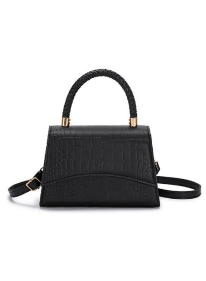 Ladies' Fashion Crocodile Leather Pattern Slant Hanging Small Square Bag Weaved with Handbag Adjustable Shoulder Bag Black