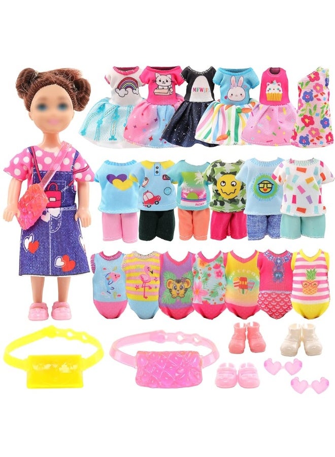 19 Pcs Mini 6 inch Doll Clothes and Accessories Including 4 Sets Fashion Dresses 4 Casual Tops and Pants Outifits 4 Swimsuits with 3 Shoes 2 Glasses 2 and Shoulder Bag for 5.3-6 Inch Dolls