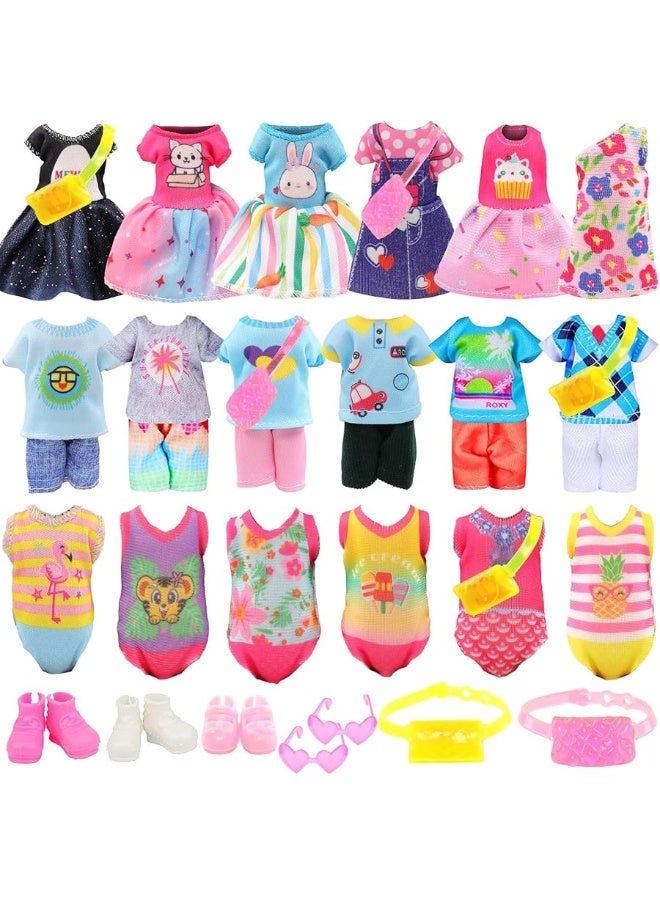 19 Pcs Mini 6 inch Doll Clothes and Accessories Including 4 Sets Fashion Dresses 4 Casual Tops and Pants Outifits 4 Swimsuits with 3 Shoes 2 Glasses 2 and Shoulder Bag for 5.3-6 Inch Dolls