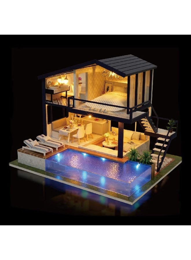 DIY Miniature Dollhouse Kit,UniHobby Time Apartment DIY Dollhouse Kit with Wooden Furniture Light Gift House Toy for Adults