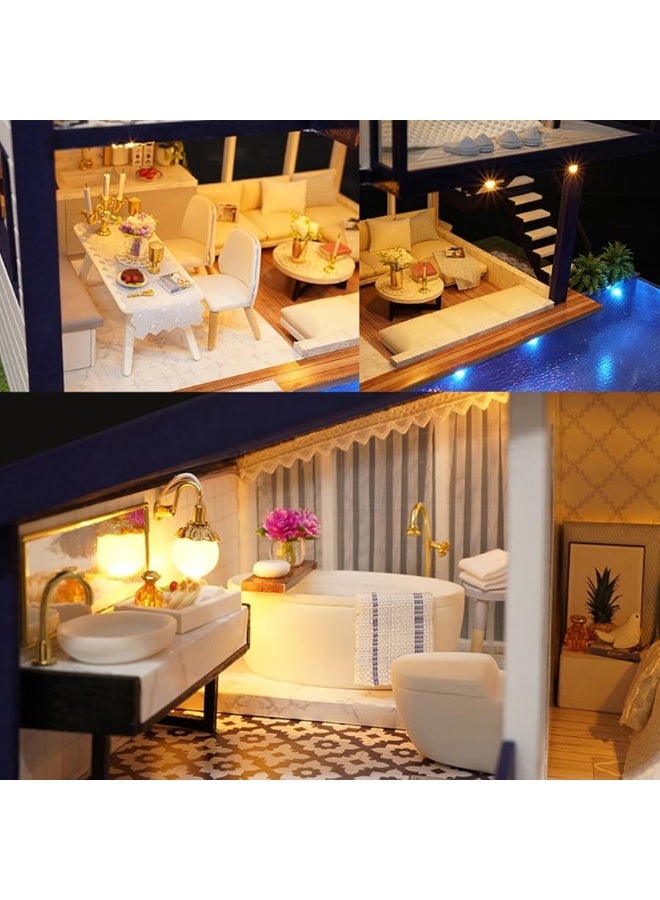 DIY Miniature Dollhouse Kit,UniHobby Time Apartment DIY Dollhouse Kit with Wooden Furniture Light Gift House Toy for Adults