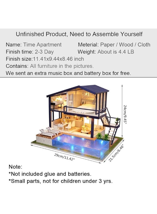 DIY Miniature Dollhouse Kit,UniHobby Time Apartment DIY Dollhouse Kit with Wooden Furniture Light Gift House Toy for Adults